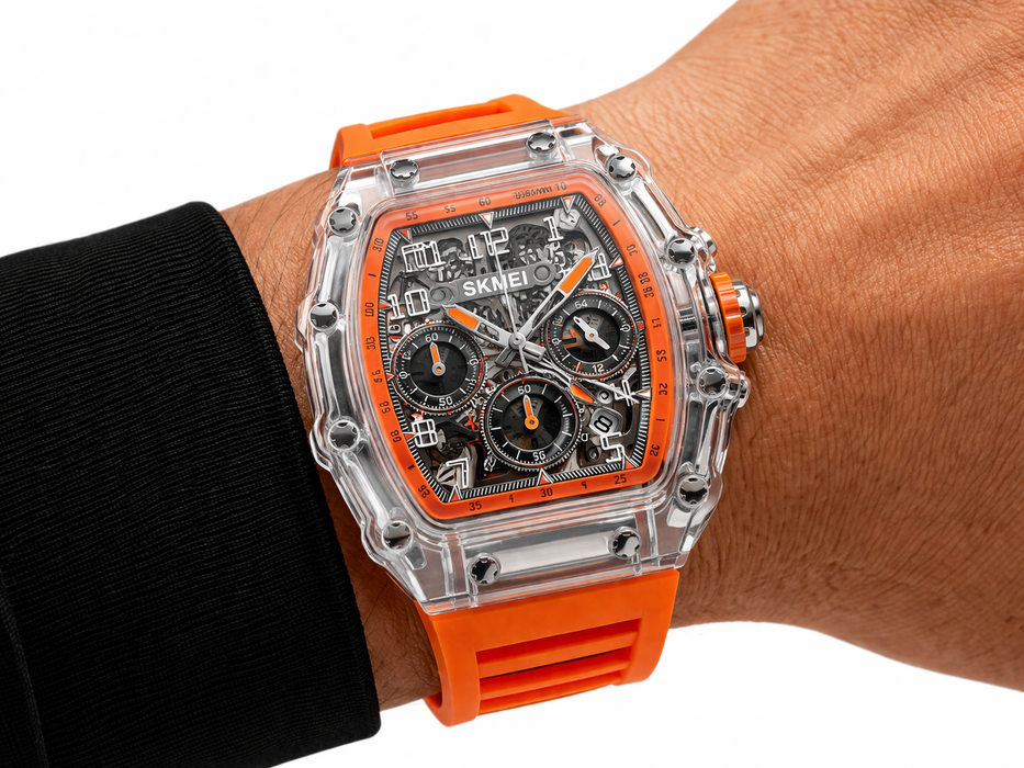 Men's Quartz Watch with Transparent Case, Waterproof Design, ChronoClear, Luminous Hands & Silicone Strap