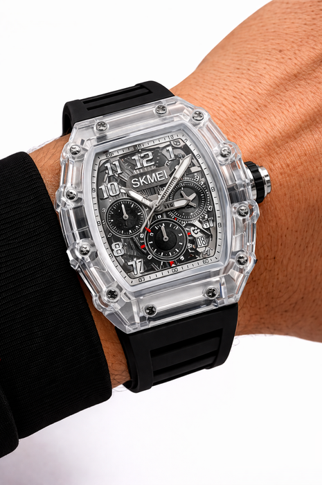 Men's Quartz Watch with Transparent Case, Waterproof Design, ChronoClear, Luminous Hands & Silicone Strap